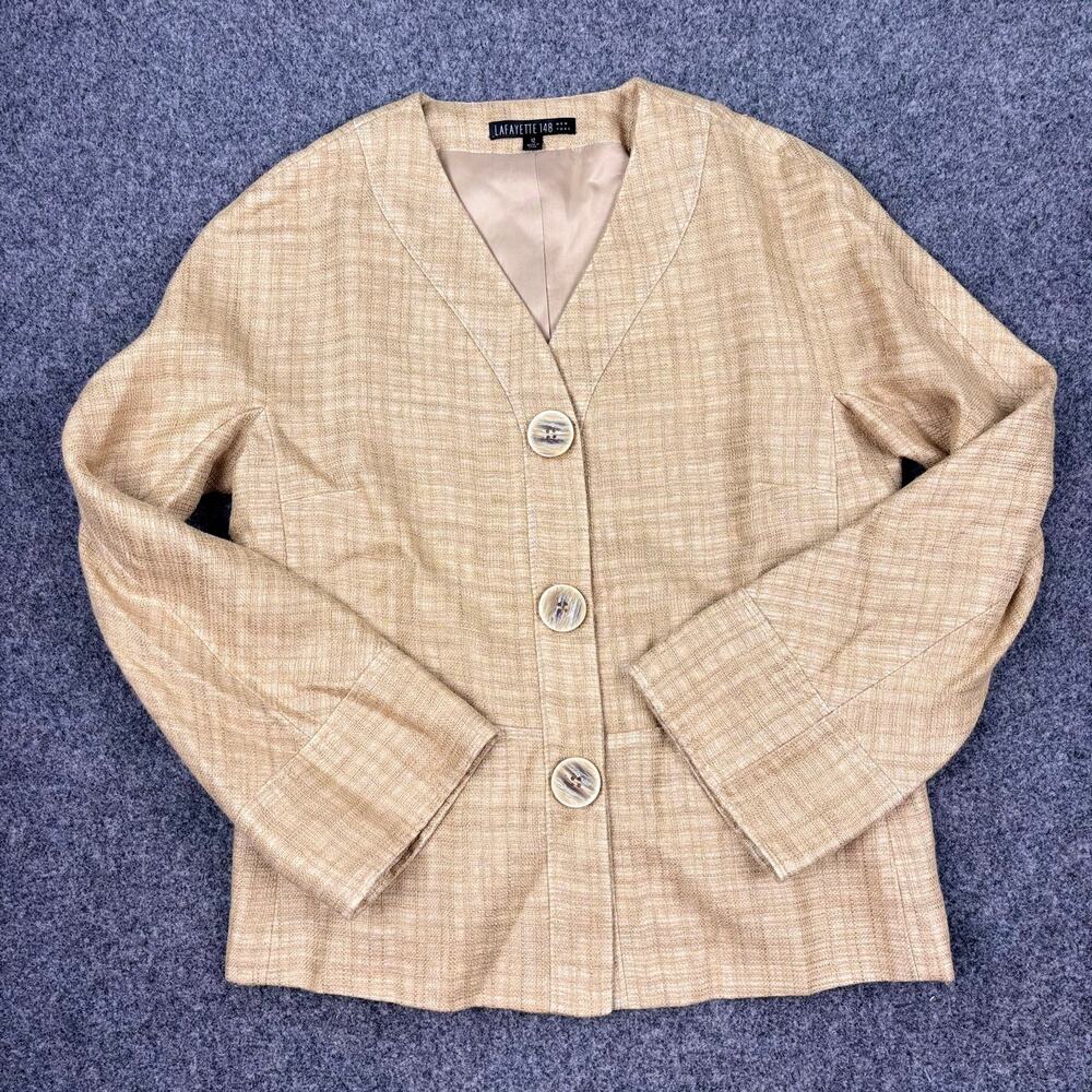 🍂 Lafayette 148 New York Tweed V-Neck Jacket | Size 12 | Tan